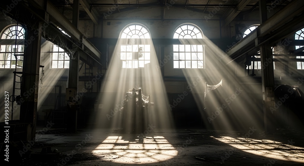 Fototapeta premium abandoned warehouse interior with sunbeams through arched windows