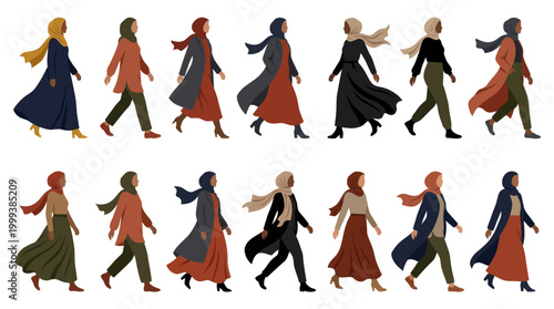 Flat Vector Illustration of Muslim Women in Diverse Hijab Fashion Styles Walking