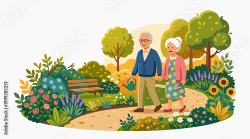 An elderly couple strolls hand-in-hand through a vibrant garden, their faces etched with contentment as they enjoy a peaceful moment in nature. Capturing a sense of serenity.