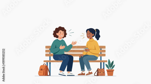 Two individuals are engaged in an animated and friendly discussion while seated on a wooden bench, creating a heartwarming illustration of conversation, relationship, and connection.