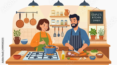 A heartwarming illustration of a couple collaborating in a cozy kitchen, creating a culinary masterpiece with fresh ingredients.