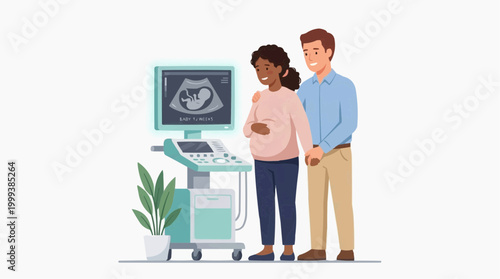 A tender depiction of a couple, anticipating parenthood, gazing at an ultrasound image of their developing baby, highlighting love and the miracle of new life.