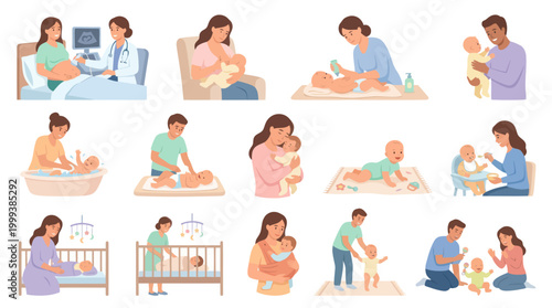 Flat Style Vector Illustration of Family and Baby Care Activities