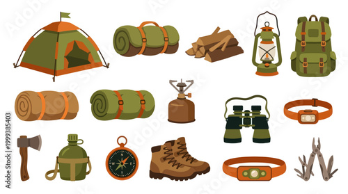Flat Camping and Hiking Equipment Vector Set for Outdoor Adventure