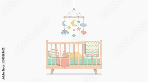 A charming and cozy nursery setting, complete with a crib, soft blankets, pillows, and a cheerful mobile, is designed to welcome a newborn baby with comfort and joy.