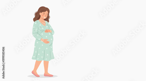 A pregnant woman tenderly cradles her baby bump, smiling with contentment, highlighting the journey of motherhood.