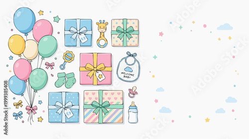A colorful illustration featuring a collection of baby essentials, perfect for welcoming a newborn into the world. Balloons, gifts, and adorable accessories create a joyful scene.