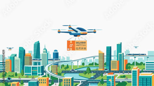 A futuristic cityscape teems with aerial drone delivery, epitomizing the evolution of urban logistics and the promise of efficiency.
