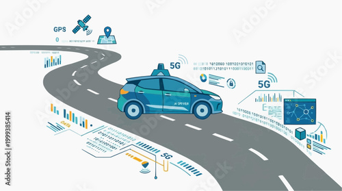 The autonomous car glides smoothly along a winding road, navigating with cutting-edge technology, and highlighting the future of urban mobility. 
