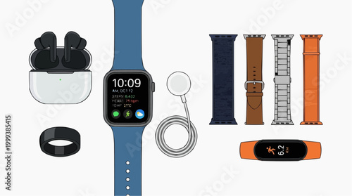 Smartwatch and accessories - a modern minimalist layout of wearable technology, capturing the elegance and functionality of the devices.