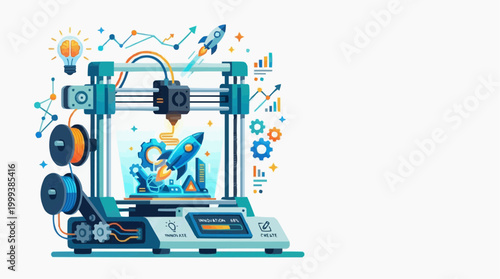 A vibrant illustration of a 3D printer creating a rocket ship, symbolizing innovation and technological advancement. This image is perfect for illustrating concepts of design, prototyping.