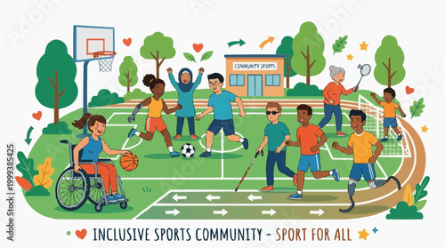 A vibrant illustration depicts an inclusive sports community, celebrating the spirit of 'Sport For All', with people of all abilities engaged in various athletic activities.