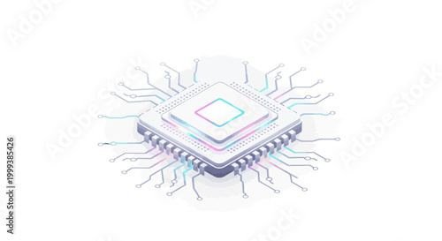 Isometric illustration of a central processing unit resting on a white surface shows intricate circuit patterns with a minimalist style and a clean, airy aesthetic that emphasizes precision