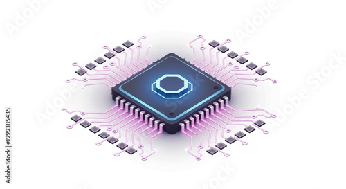 Isometric illustration of a glowing microchip with intricate circuit connections radiating outwards, presented against a clean white background with a cool, futuristic aesthetic