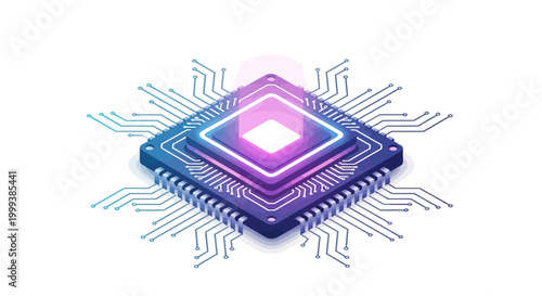 Isometric illustration of a central processing unit with glowing purple accents and intricate circuit connections emanating outwards on a clean white background, showcasing advanced