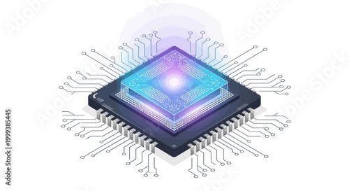 Isometric illustration of a glowing microprocessor with intricate circuit connections, set against a clean white backdrop, creating a futuristic and technologically advanced visualization