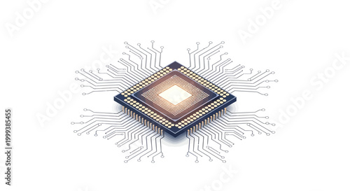 Isometric view of a centrally illuminated microchip with radial circuit traces extending outward against a clean white background, creating a sleek and modern technological presentation