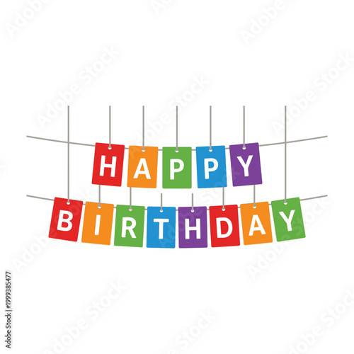 Colorful Happy Birthday banner on strings