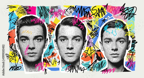 Abstract portrait collage of three identical men with vibrant graffiti background.