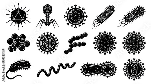 Medical Microbiology Viruses Bacteria Germs Pathogens Glyph Icons Vector Set