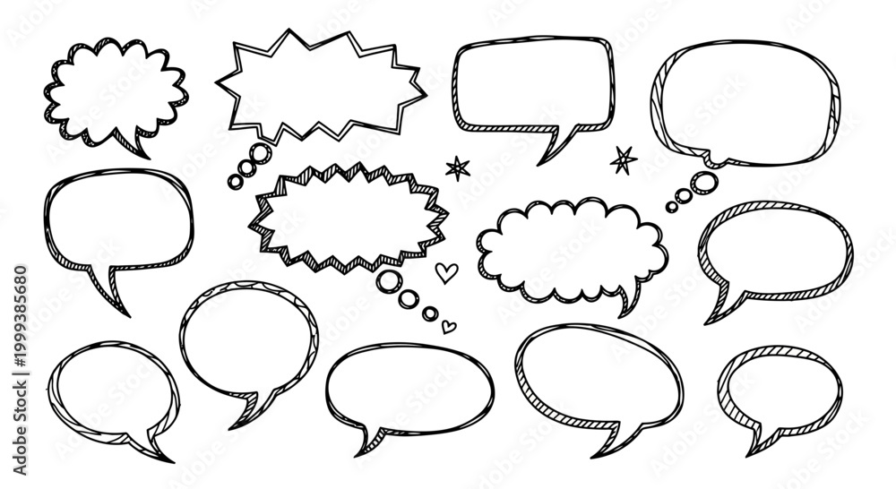 Fototapeta premium Hand-drawn speech bubbles collection, communication, dialogue, thoughts, ideas, chat symbols