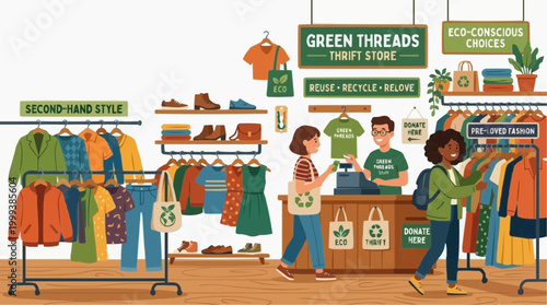 A bustling thrift store scene unfolds, showcasing eco-conscious shopping with racks of clothing and customers browsing through a wide selection, promoting sustainable choices and mindful consumption.