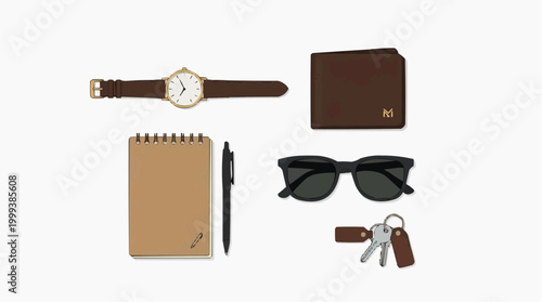 A collection of essential items, stylishly arranged, offers a glimpse into a well-curated daily life, emphasizing functionality and sophistication.