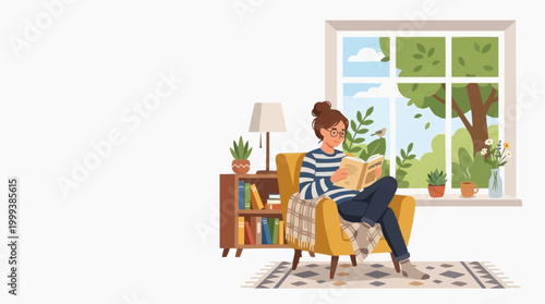 A woman relaxes at home, immersed in a book, seated near a window with a picturesque view.