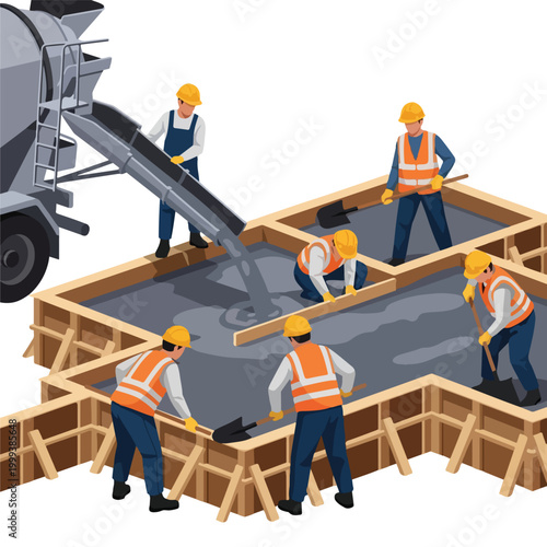 Construction workers pour concrete into foundation forms from a cement truck on a building site