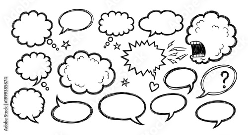Hand-drawn speech bubble collection, comic book style, communication icons, dialogue boxes