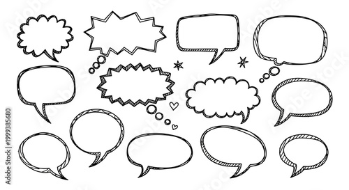 Hand-drawn speech bubbles collection, communication, dialogue, thoughts, ideas, chat symbols