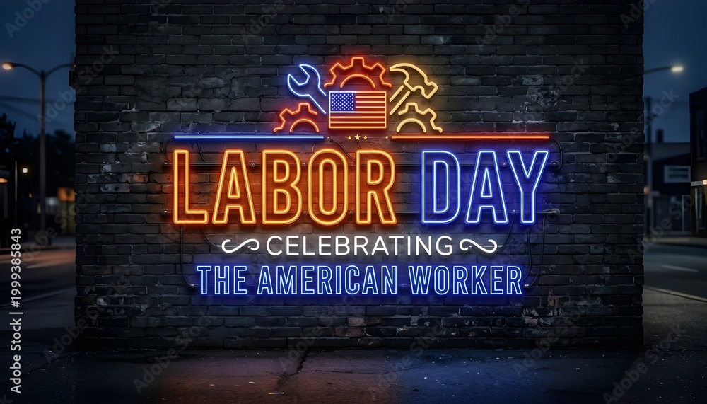 Naklejka premium Labor Day neon sign on brick wall celebrating American worker at night