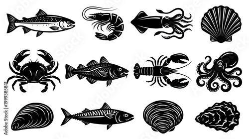 Black and White Vector Seafood Icons Set for Food Industry - Marine Animals  Shellfish