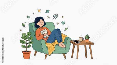A person is relaxing, surrounded by comfort. In a cozy scene, a woman is seen relaxing in a comfortable chair, with a book in hand. It's a moment of tranquility and self-care.