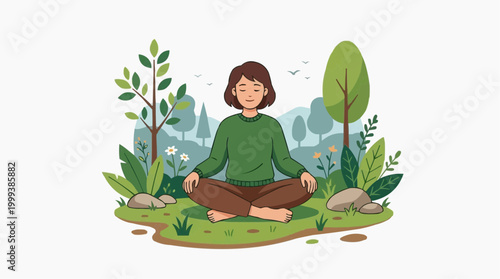 A person meditates in the natural environment, promoting wellness and mindfulness, connecting with the natural world, representing balance and health.