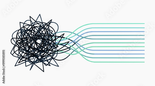 A visual metaphor of order emerging from chaos. Abstract illustration of a tangled knot transforming into organized lines, perfect for concepts like problem-solving. 