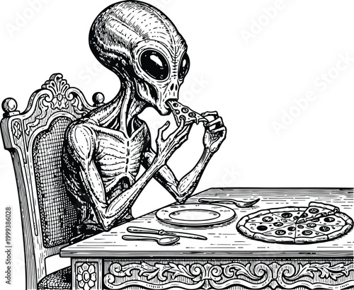 Alien figure enjoying a slice of pizza at a decorated table with a full pie monochrome illustration