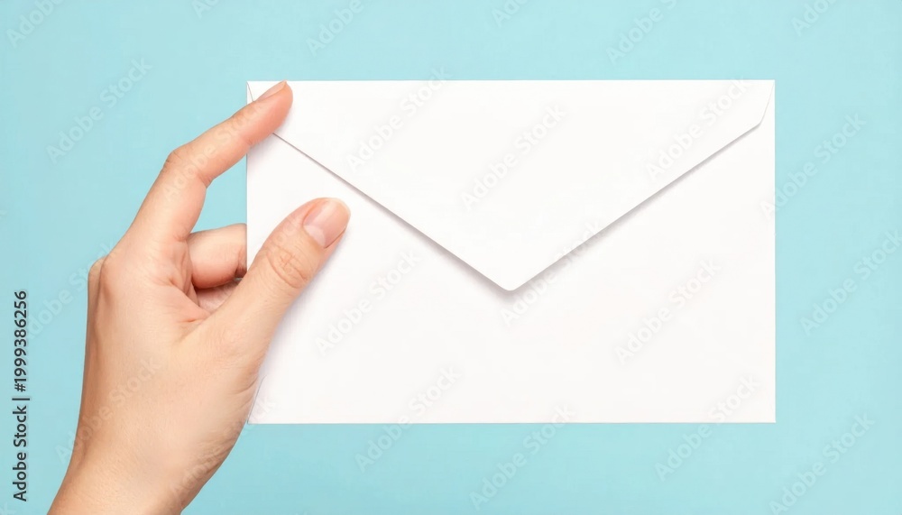 Fototapeta premium Hand holding white envelope against pastel blue background, correspondence and communication, delivery, mail service, message delivery
