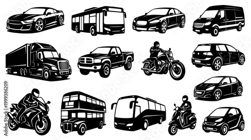 Black and White Vector Icons of Various Vehicles: Cars, Trucks, Buses, Motorcycles