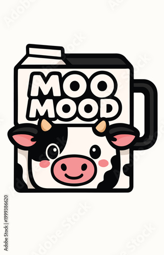 Cute Moo Mood Cow Milk Carton Kawaii Design, Funny Dairy Cow Face Typography, Adorable Animal Mood Quote Illustration