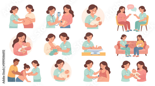 Flat Vector Maternity Healthcare: Midwife and Nurse Supporting Pregnant Women and Newborns