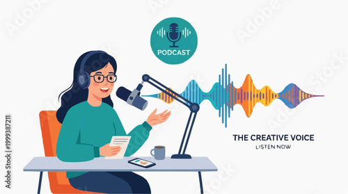 A female podcaster records her voice in a studio setting, broadcasting the art of audio creation. Capturing the essence of digital media, broadcasting and media communications.