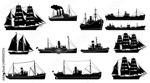 Collection of Ships and Boats Black Silhouettes - Maritime Transportation Vector Art