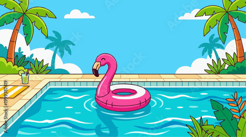 A cheerful pink flamingo float adorns a serene pool, promising a vibrant and joyful summer escape.