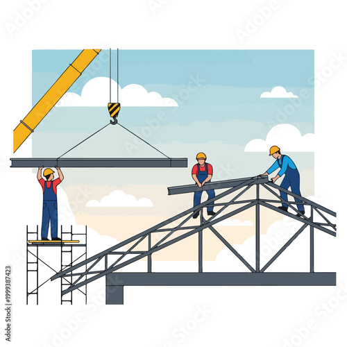 Construction workers installing steel beams on a building structure with a crane lifting heavy materials at a construction site
