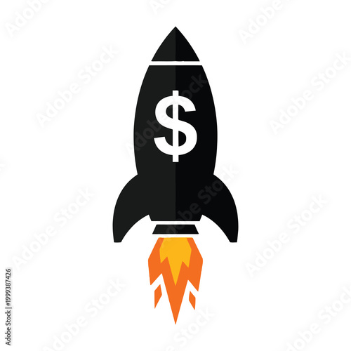 Rocket ship with dollar sign launching into space