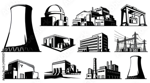 Industrial Buildings, Power Plants  Heavy Industry Vector Icons Set - Black White Graphics