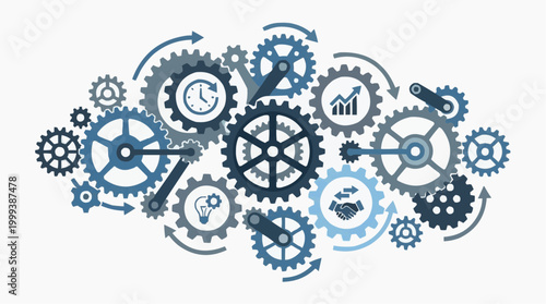 A complex array of interlocking gears spins in a smooth, synchronized motion. Representing efficiency, innovation, and interconnectedness.