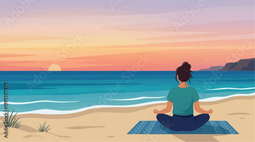 A woman meditates in lotus position on a beach, against the backdrop of a picturesque sunset, symbolizing peace, tranquility, and wellness.