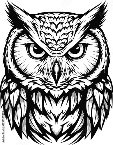 Detailed owl illustration with intense gaze for graphic design and branding projects
